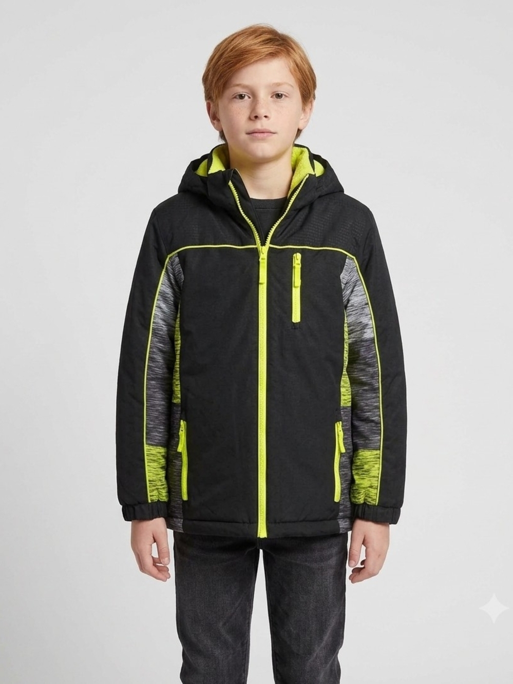 Roebuck & Co. Boys Black & Neon Lime Green Colorblock Hooded Winter Jacket Med